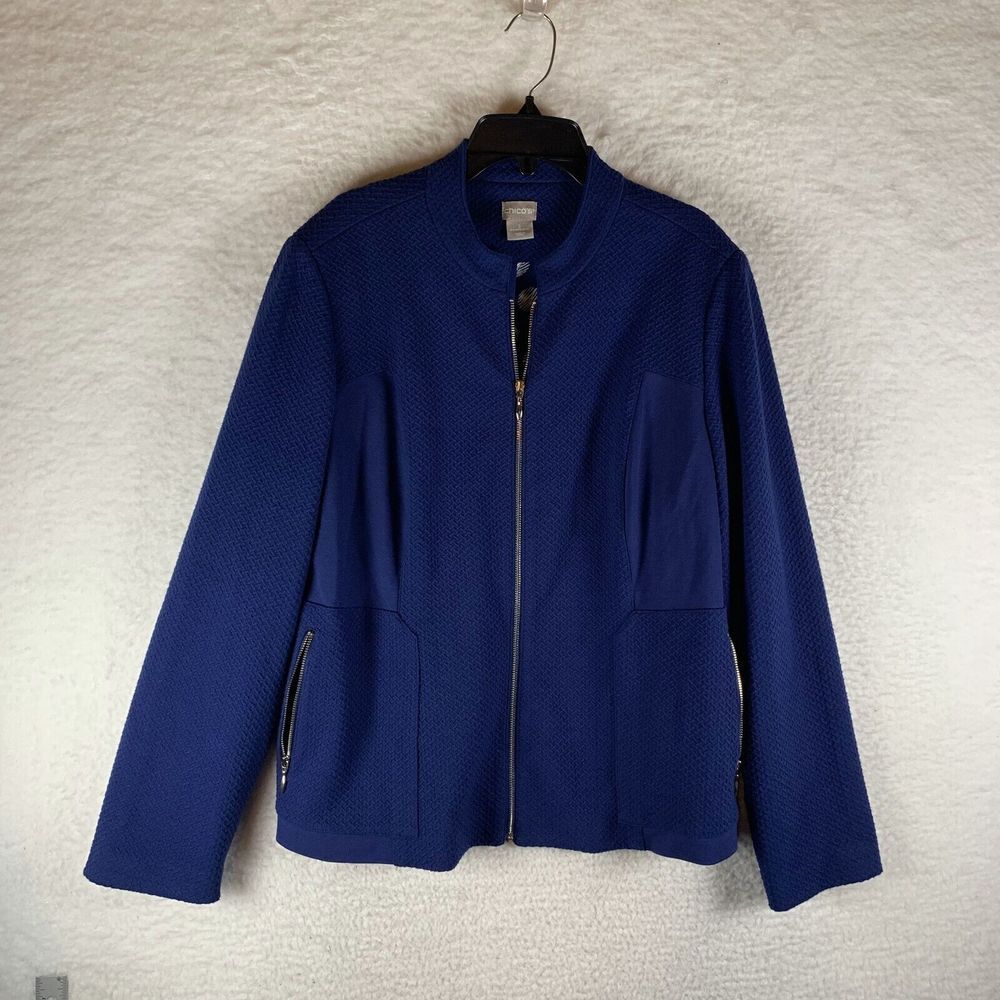 Chico's Jacket Women's 2 (12-14) Royal Blue Lined Knit Textured‎ Zipper Pockets